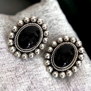 Vintage TAXCO large sterling silver & onyx clip earrings